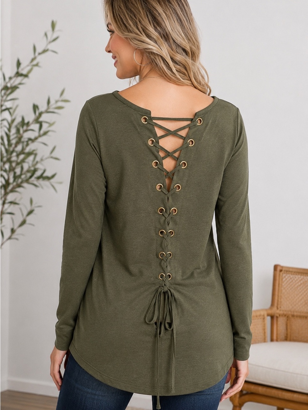 Pink Clover Lace Up Back Top Womens Small Olive Green Long Sleeve Stretch Knit